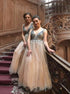 A Line Champagne V Neck Tulle Sequin Beads Long Prom Dress LBQ3727